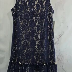NWT- Eliza J Nude Navy Blue Lace Tank Ruffle Dress
